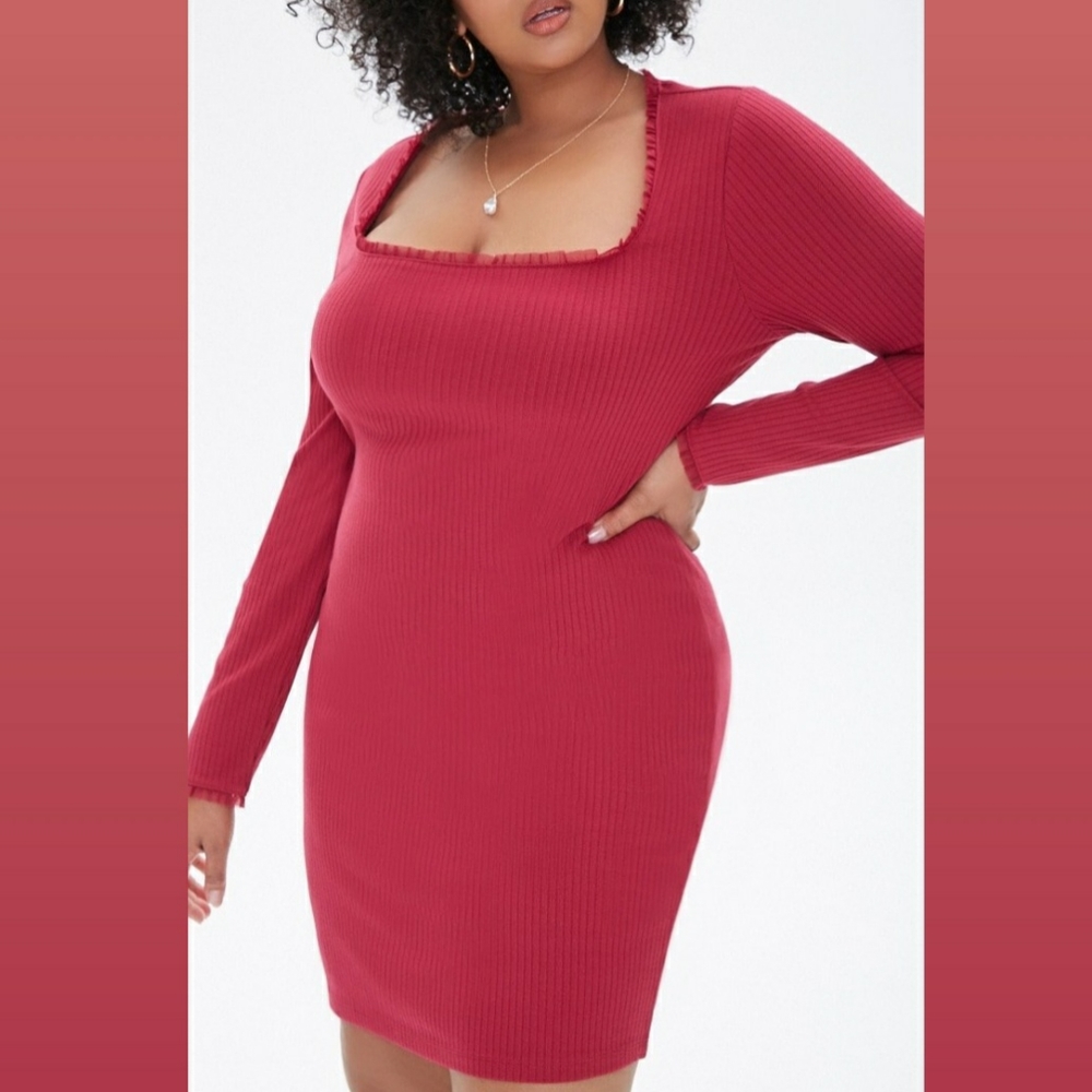 Forever 21 Plus Berry Ribbed Mesh-Trim Long Sleeves Mini Dress Size 2X